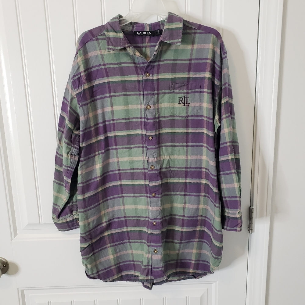 Lauren Ralph Lauren Plaid Cotton Blend Herringbone Sleep Lounge Shirt Size Large - Picture 3 of 11